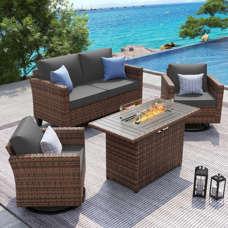 UDPATIO 5 Pieces Patio Furniture Set with Fire Pit Table, Outdoor Furniture Set with Rocking Swivel Chairs, Wicker Patio Set with Waterproof Cover, 4'' Thickened Cushion, Grey UDPATIO