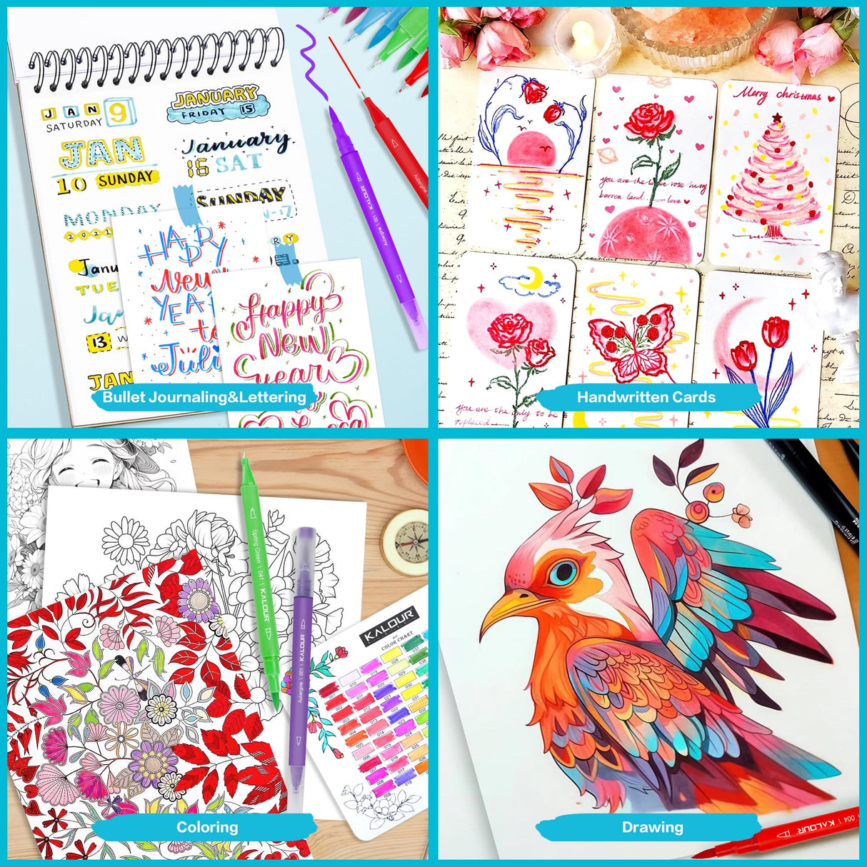 KALOUR 72 Art Markers Pens Set, Dual Tip Brush and Fine Point, Color Number and Name, Zipper Case, Adult Coloring, Lettering, Drawing KALOUR