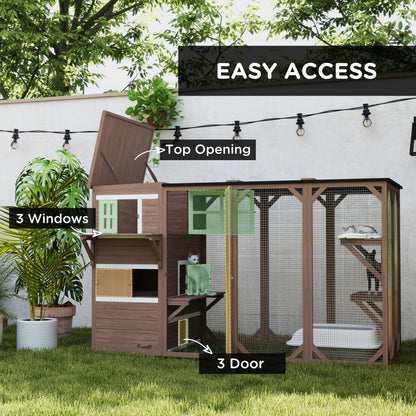 PawHut Outdoor Cat Catio, Large Wood Cat House Enclosure with Multi-Level Design, Weatherproof Roof, Big Hiding Areas, Multiple Platforms, Resting Box, Brown - WoodArtSupply