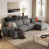 LINSY HOME 157'' Modular Sectional Sofa Grey Couch Corduroy Cloud Couches for Living Room, U Shaped Couch with Movable Ottoman, Modern Cloud Sectional Sofas for Bedroom and Apartment, Grey LINSY HOME