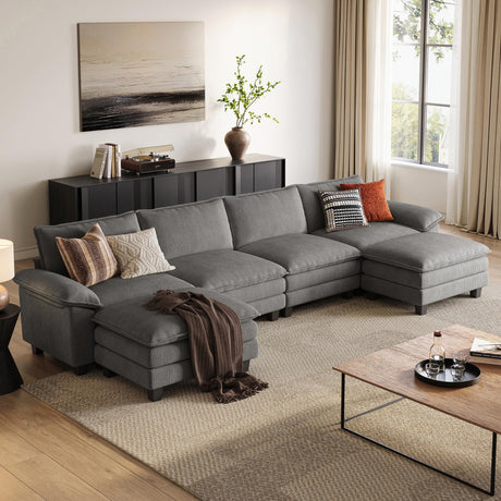 LINSY HOME 157'' Modular Sectional Sofa Grey Couch Corduroy Cloud Couches for Living Room, U Shaped Couch with Movable Ottoman, Modern Cloud Sectional Sofas for Bedroom and Apartment, Grey LINSY HOME
