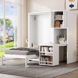 Merax Twin Size Rotating Wall Murphy Beds, Wood Folding Murphy Wall Bed with Bookshelf, Top Cabinet, Extendable Desk & Side Storage, White Merax