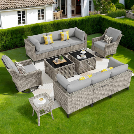 CAODOC 11 Pieces Outdoor Patio Furniture Set, Rattan Wicker Sectional Swivel Rocker Chairs Sets with Solar powered coffee table and Swivel Glider Chairs CAODOC