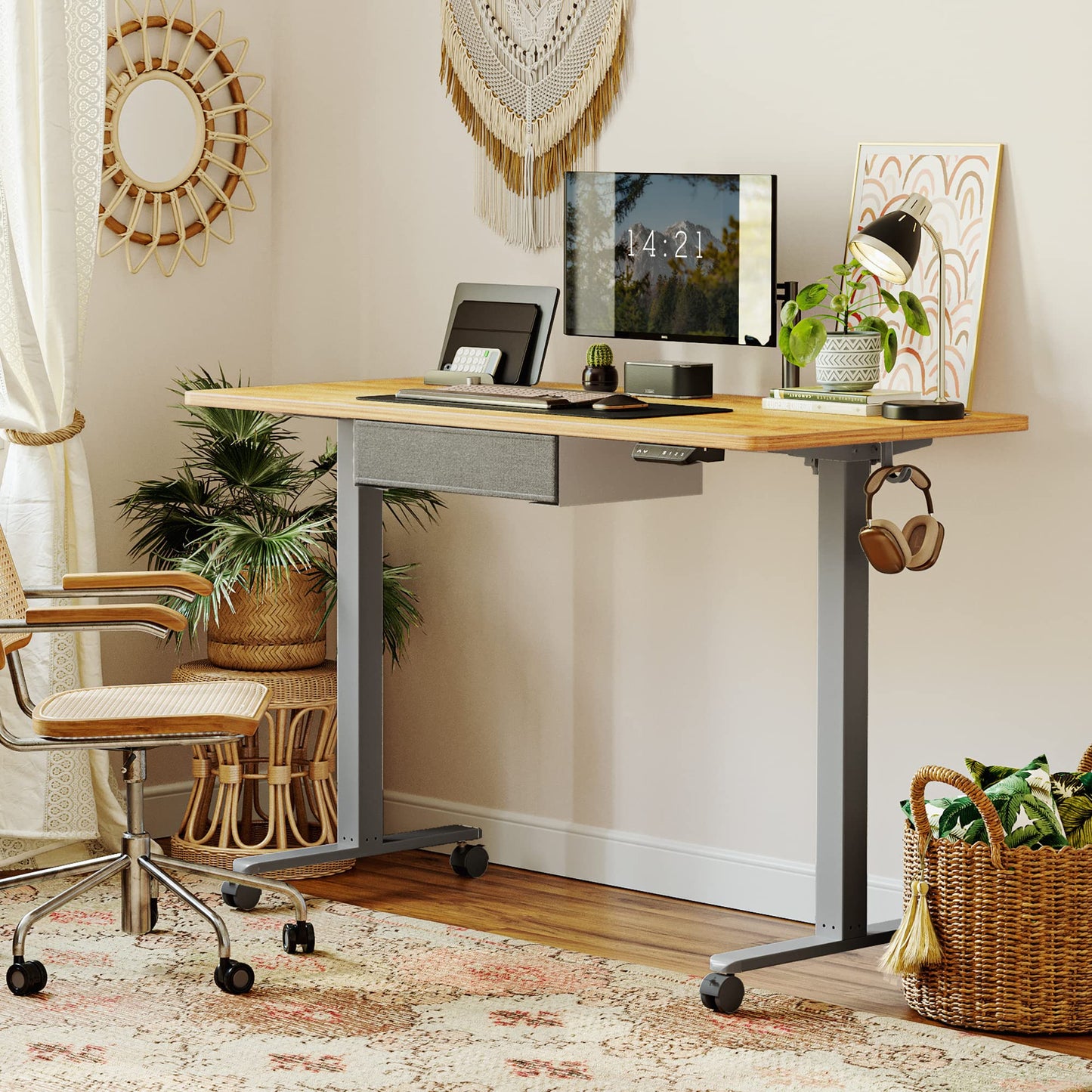 CubiCubi Standing Desk with Drawer, 48" x 24" Electric Height Adjustable Sit Stand Desk, Ergonomic Home Office Computer Workstation, Gray Frame Light Rustic Brown Top - WoodArtSupply