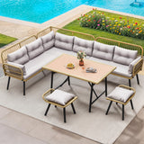YITAHOME Patio Wicker L-Shaped Furniture Set, All-Weather Rattan Outdoor Conversation Sofa Set for Backyard Deck with Soft Cushions,Ottomans and Wood-Like Dining Table, Light Brown+Gray YITAHOME
