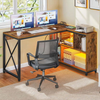 YITAHOME Small Computer Desk with Storage Shelves, 55" L Shaped Desk with Power Outlets & LED Lights, Coner Desk Home Office Desk for Small Space, Rustic Brown