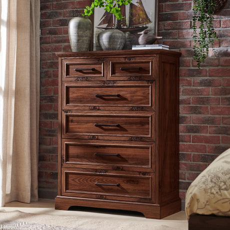 ACCOHOHO 6 Drawer Dresser, Farmhouse Chest of Drawers for Bedroom, 44" Tall Dresser with Large Metal Handles, Wood Drawer Organizer for Living Room, Hallway, Closet - Brown ACCOHOHO