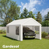 Gardesol Carport, 10' x 20' Heavy Duty Carport with Roll-up Ventilated Windows, Portable Garage with Removable Sidewalls & Doors for Car, Truck, Boat, Car Canopy with All-Season Tarp, White Gardesol