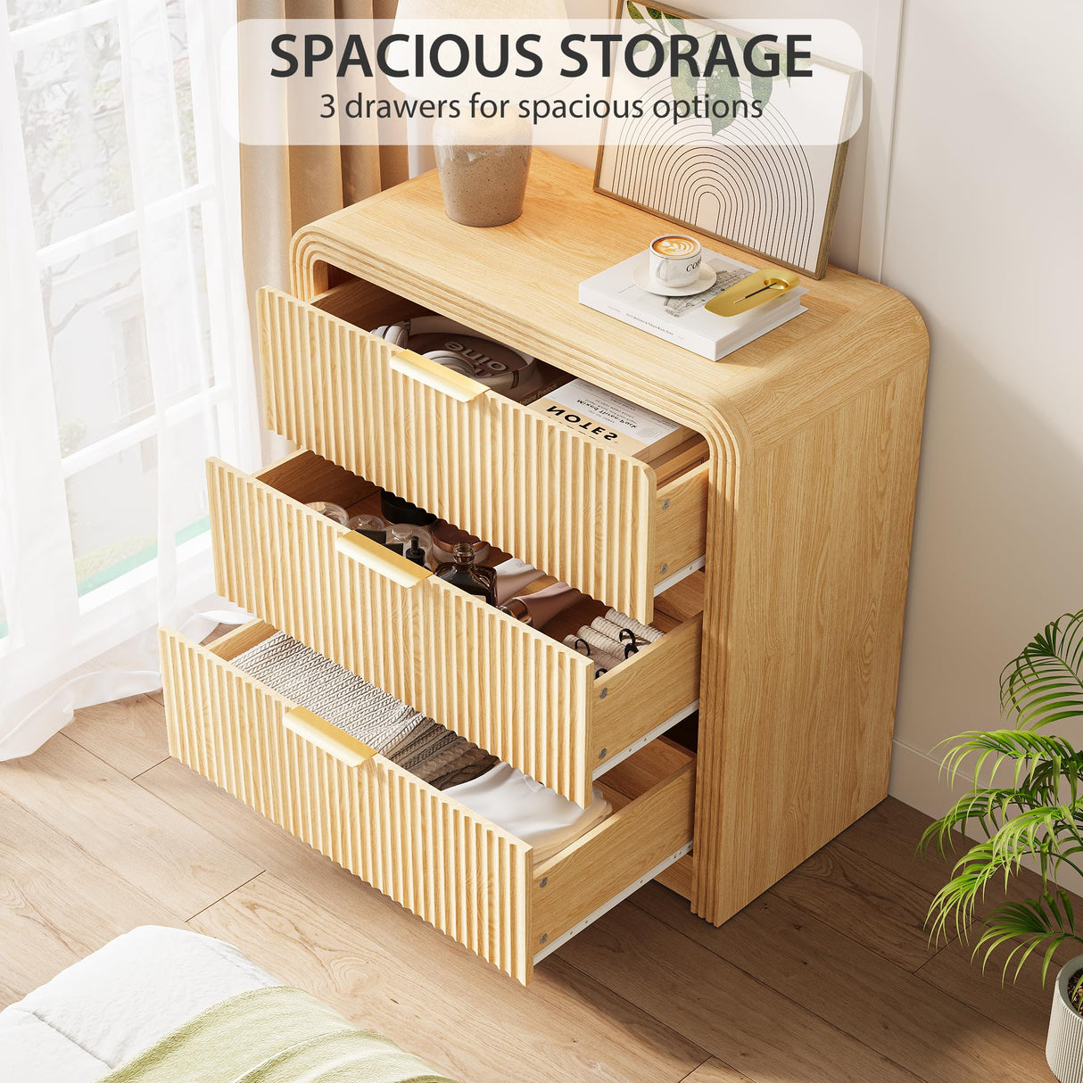 Fluted 3 Drawer Dresser, 31.8'' Tall Dresser for Bedroom, Modern Wood Chest of Drawers with Round Edge & Metal Handle, Large Nightstand with 3 Drawers for Living Room, Hallway, Entryway (Natural Oak) Decofy