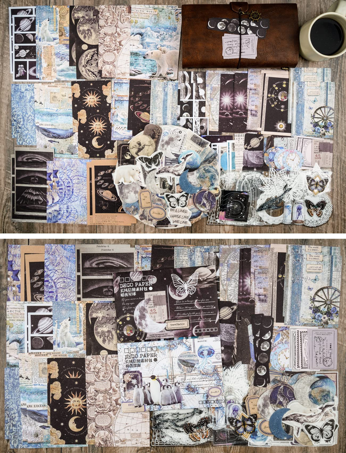 Knaid 200 Piece Vintage Ephemera Bundle - Paper & Sticker Kit for Junk Journaling, Scrapbooking, Planners, Bullet Journals, Collage, Decoupage - Black/Blue Tones Knaid