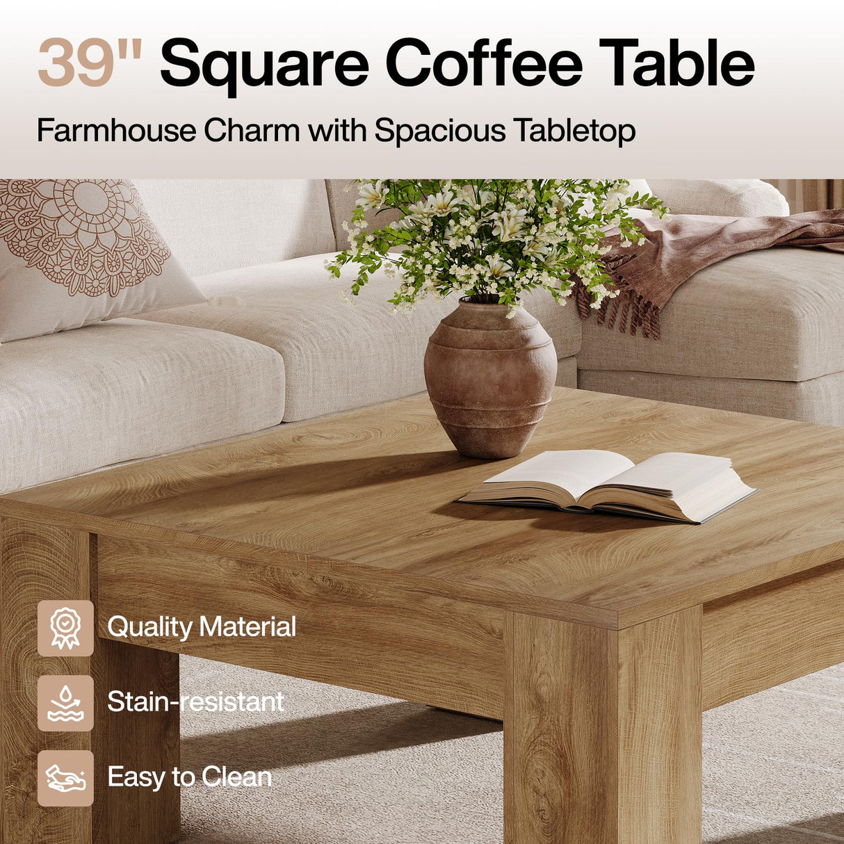 Tribesigns Square Coffee Table, 39-Inch Farmhouse Wooden Coffee Table with Sturdy Legs, Rustic Accent Center Table for Living Room, Easy Assembly, Light Brown Tribesigns