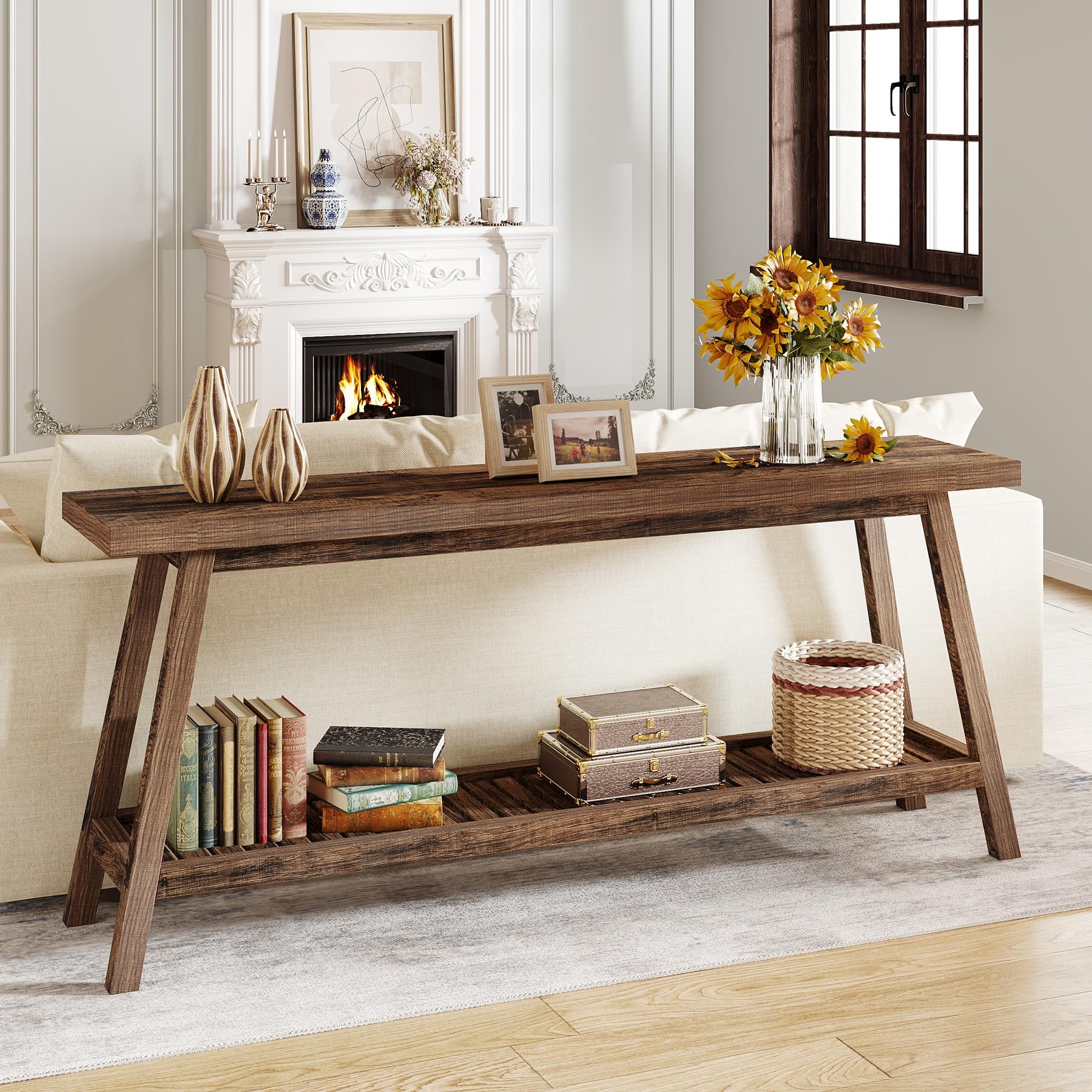 Tribesigns Farmhouse Console Entryway Table: 70.9 Inches All Wood Console Table for Entrance, 2 Tiers Narrow Long Behind Couch Sofa Table, Foyer Entry Table for Hallway, Living Room, Brown - WoodArtSupply