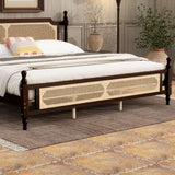 DNChuan King Size Platform Bed with Retro Style Rattan Headboard and Footboard,4-Post Wood Bed Frame with Central Enhanced,No Box Spring Needed, Espresso DNChuan