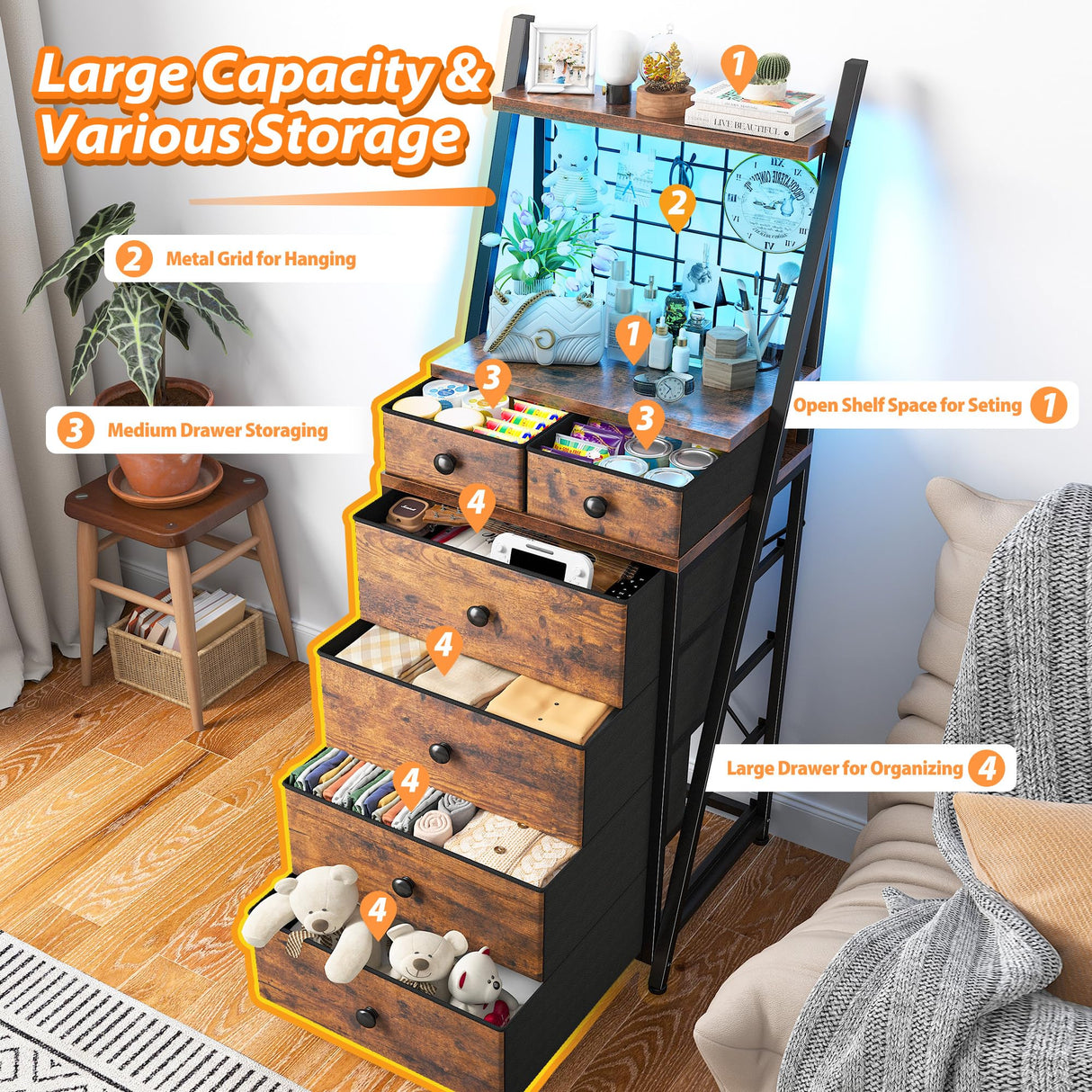 EnHomee Vertical Dresser for Bedroom 6-Drawer LED Dressers & Chest of Drawers Sturdy Bedroom Dressers with Grid for Living Room,Closet,Entryway,Dorm,Rustic Brown EnHomee