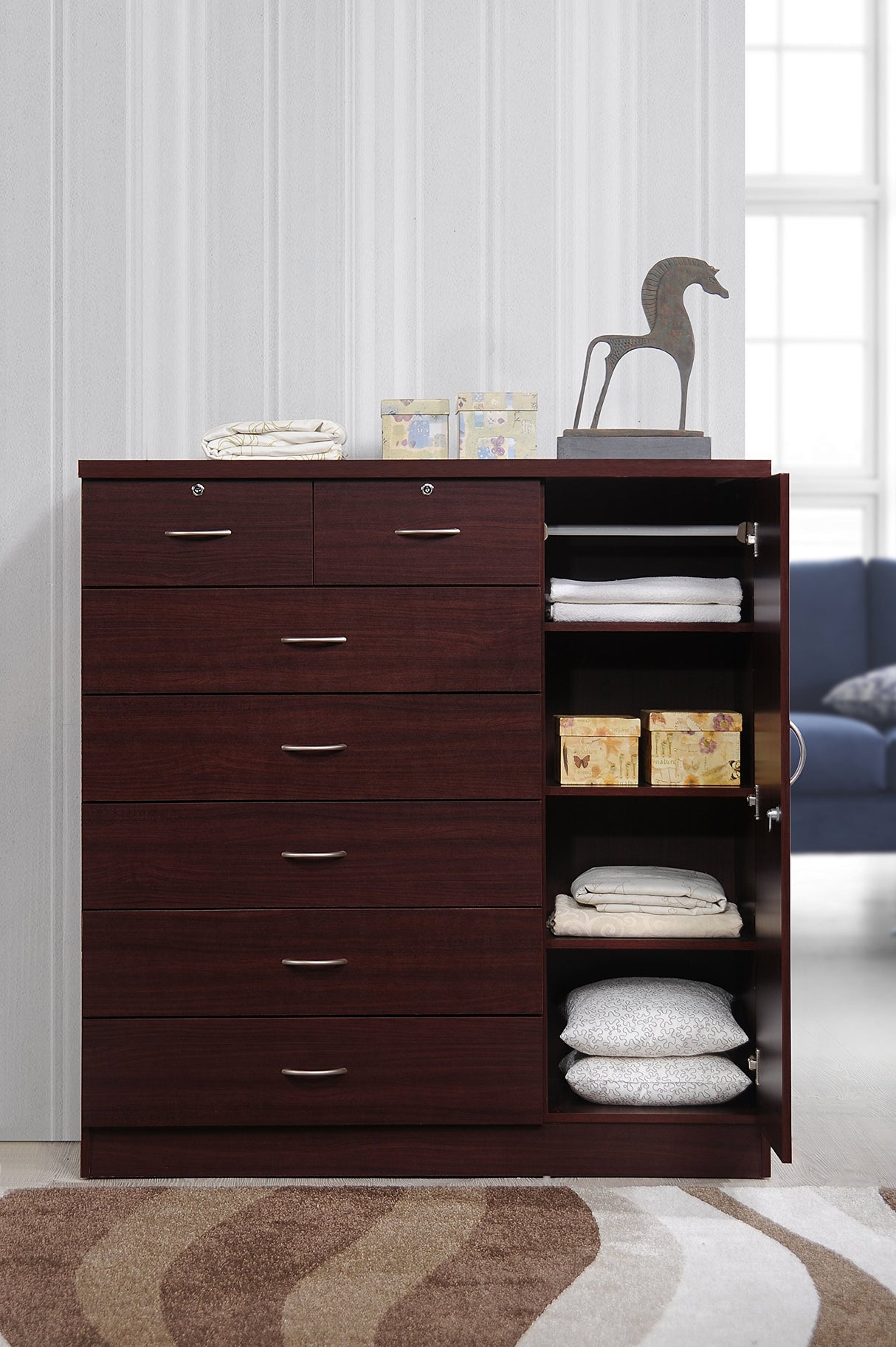 Hodedah 7 Drawer Jumbo Chest, Five Large & Two Smaller Drawers with Two Lock, Hanging Rod, and Three Shelves | Mahogany, 17.76" D X 47.24" W X 48.39" H Hodedah