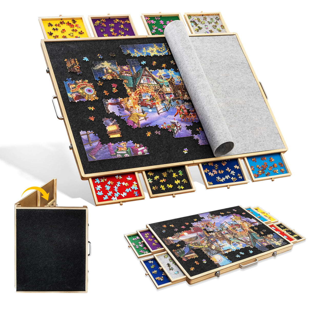 Tektalk 2000 Piece Foldable Puzzle Board with 8 Sorting Trays/Drawers, Jigsaw Puzzle Table with Cover, Storing for 2000, 1500, 1000, 500 Jigsaw Puzzle Pieces Tektalk