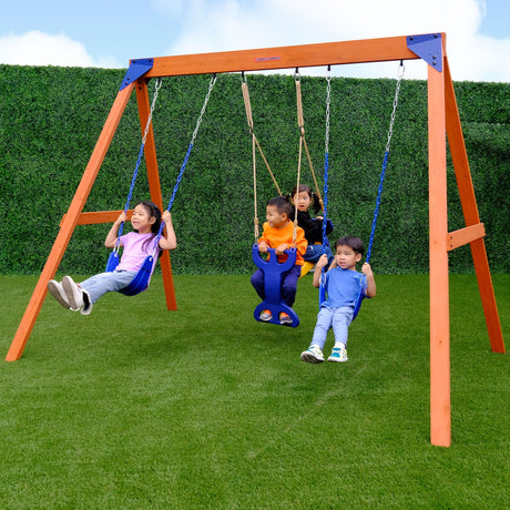 Sportspower™ Madison Wooden Swing Set: 2 Height Adjustable Swings and 2 Person Roman Glider Swing, Backyard Outdoor Playset for Kids Sportspower