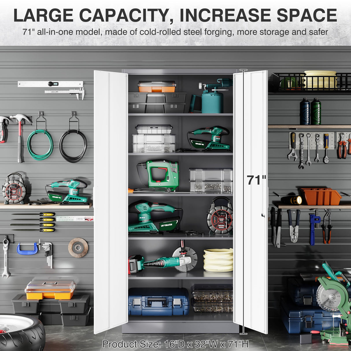 SISESOL Metal Storage Cabinet with Doors and Shelves, 71" Tool Storage Cabinet- Garage Cabinets and Storage System Kitchen Pantry Storage Cabinet with Adjustable Shelves Steel Storage Tall Cabinet SISESOL