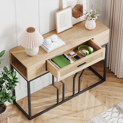 IDEALHOUSE Console Table, Sofa Tables Rattan Entryway Table with Storage Drawer, 39" Behind Couch Table Wood Hallway Table Boho Desk Home Furniture