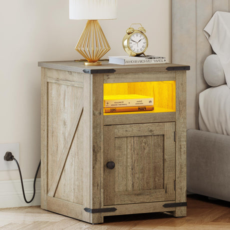 YITAHOME Farmhouse End Table with Charging Station, Nightstand Side Table Coffee Table with LED Lights Adjustable Shelf, End Table with Storage for Living Room, Bedroom, Old Oak YITAHOME