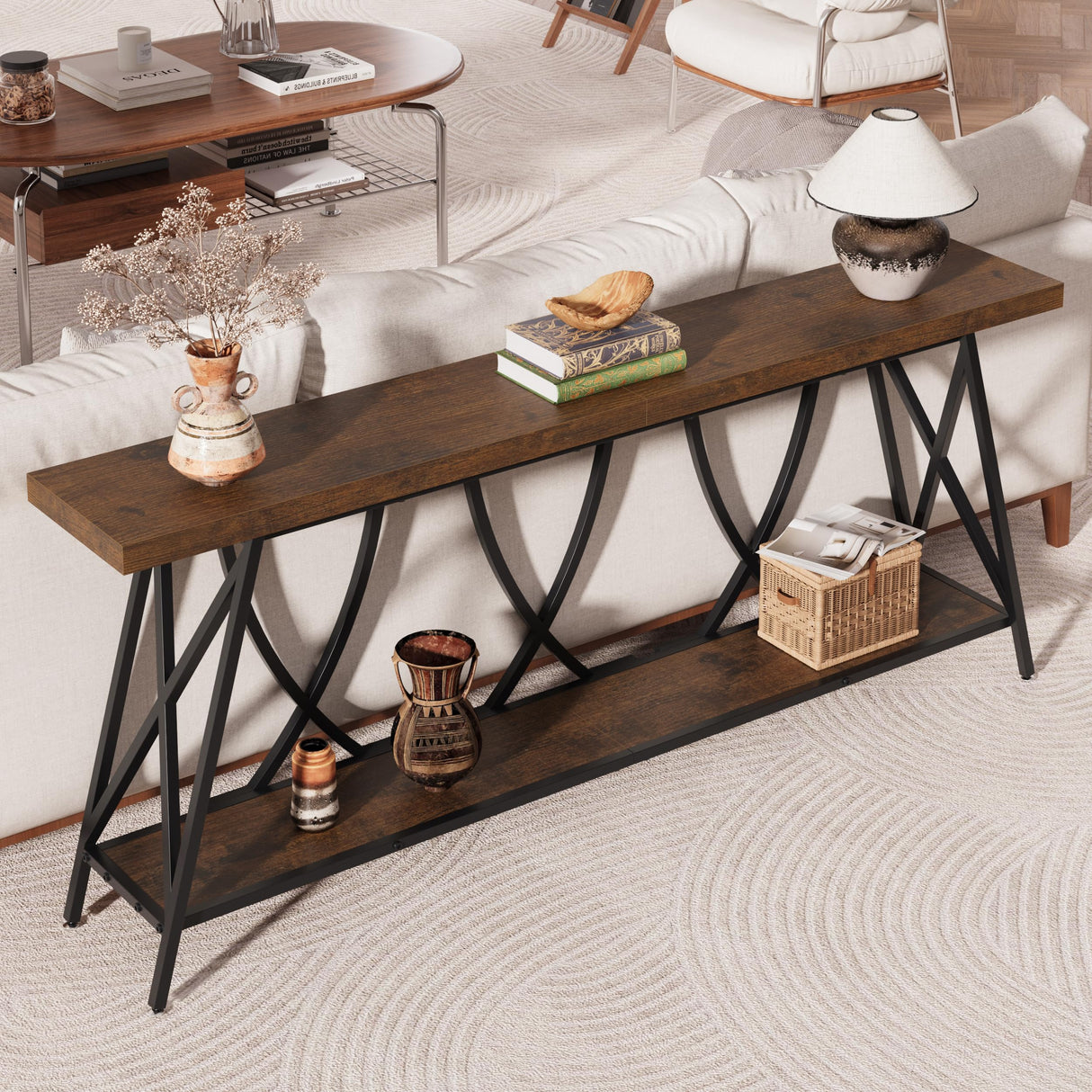 JUSTOGO 70.9" Narrow Console Table for Entryway, Industrial Long Sofa Table Behind Couch, Farmhouse Hallway Table with Storage for Living Room, Entrance, Foyer, Rustic Brown JUSTOGO