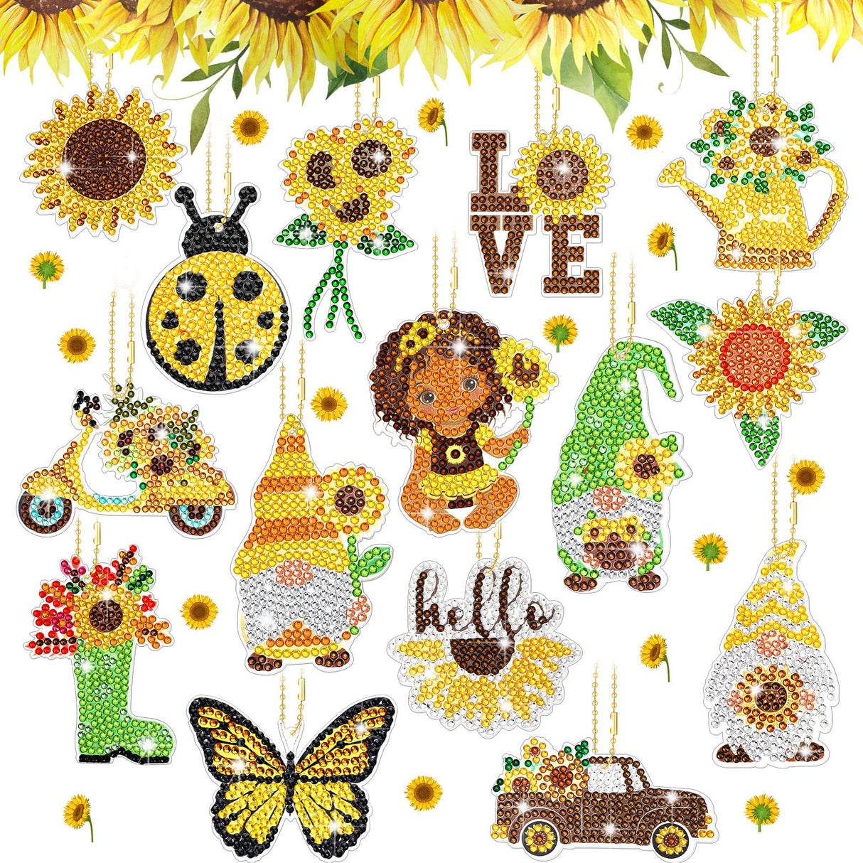 Inbagi 15 Pcs Spring Flowers Diamond Painting Keychains Sunflower Diamond Art Keychains Kits for Adults Gnome Butterfly Hanging Ornaments Rhinestones 5d Key Rings for DIY Crafts Home Party Decor Inbagi