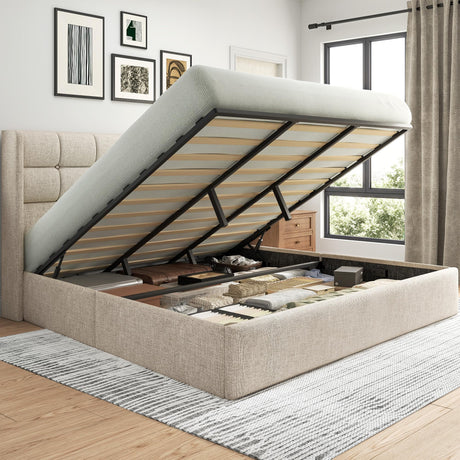 Lifezone King Size Storage Bed Frame with Hydraulic Lift & Wingback Headboard, Linen Upholstered, Space Saving Platform, No Box Spring Needed, Noise Free, Strong Support, Modern Furniture, Beige Lifezone