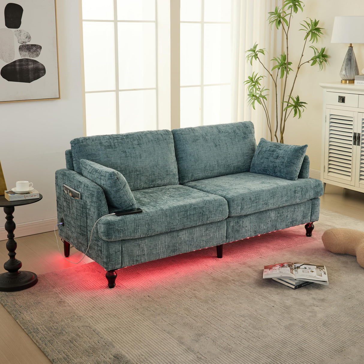 68" Oversized Chenille Sofa with LED Light, Deep Seat Loveseat with Storage, Modern Comfty Couch with USB Charging Port for Living Room, Bedroom, Apartment, Lake Blue PAXIPEX