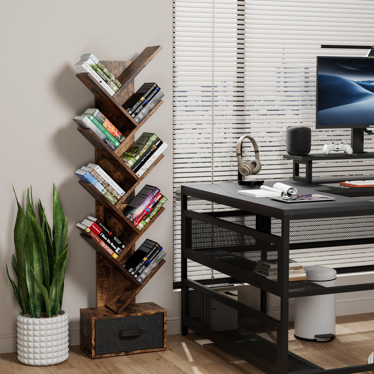 9 Tier Tree Bookshelf with Drawer, Free Standing Wood Bookcase Storage Organizer Bookshelves Utility Organizer Shelves for Books, Book Case for Home Office, Living Room, Bedroom, Rustic Brown HanStrong