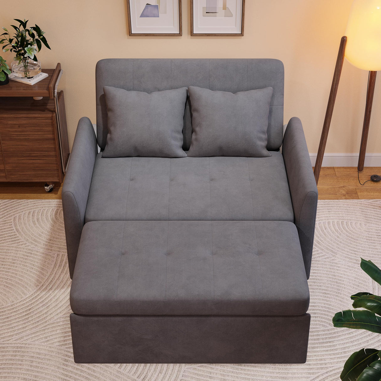 AYEASY Sleeper Sofa Bed, 3 in 1 Convertible Sleeper Couch Bed Pull Out, Small Loveseat Sofa, Futon Sofa Bed Full Size, 46" Velvet Love Seat with Pillow and Phone Holder for Living Room, Grey AYEASY