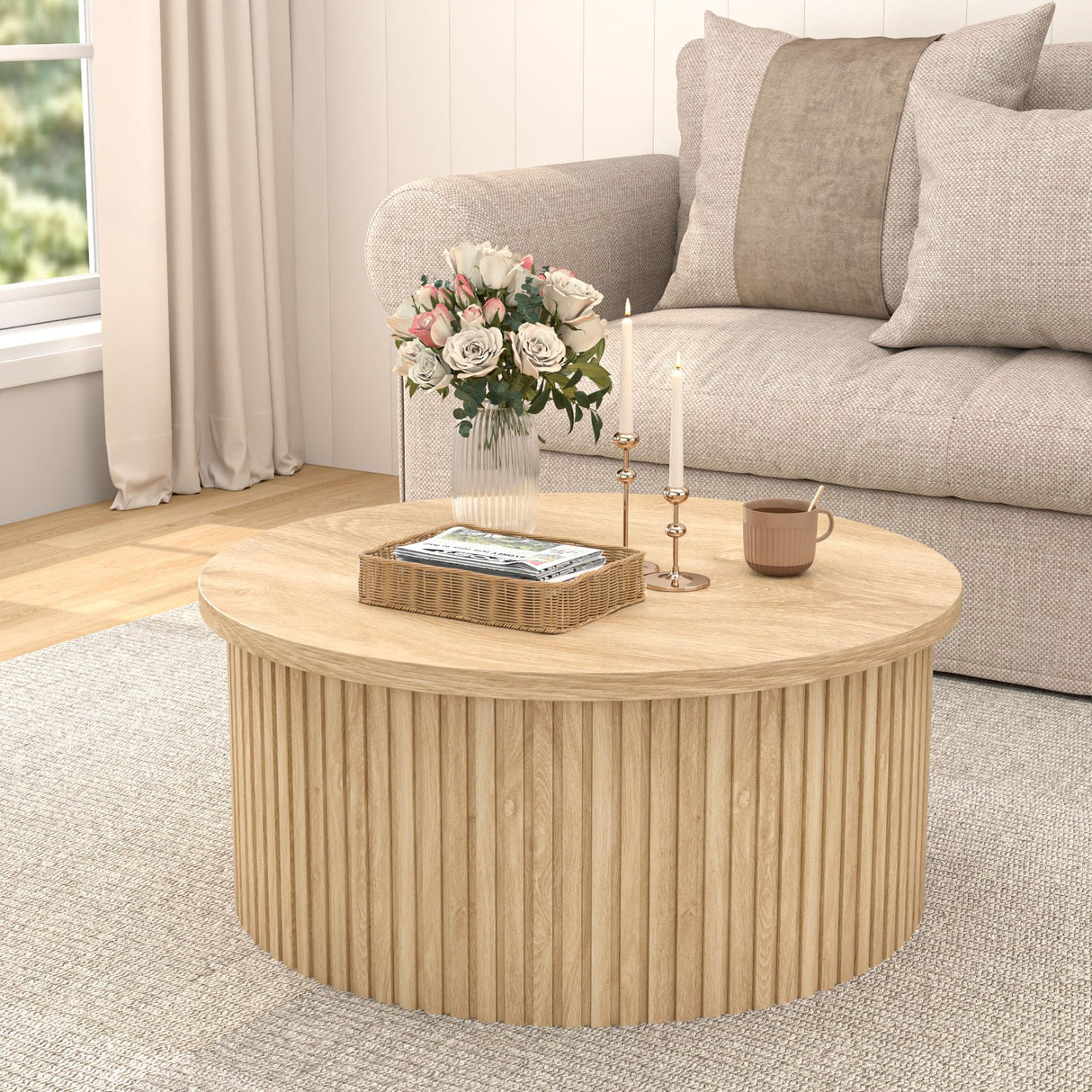 Fsbecl Lift Top Coffee Table with Storage, Round Coffee Tables for Living Room, 34.6'' Farmhouse Fluted Coffee Table, Wood Center Table with Large Hiddern Storage Compartment (Wood Color) Fsbecl