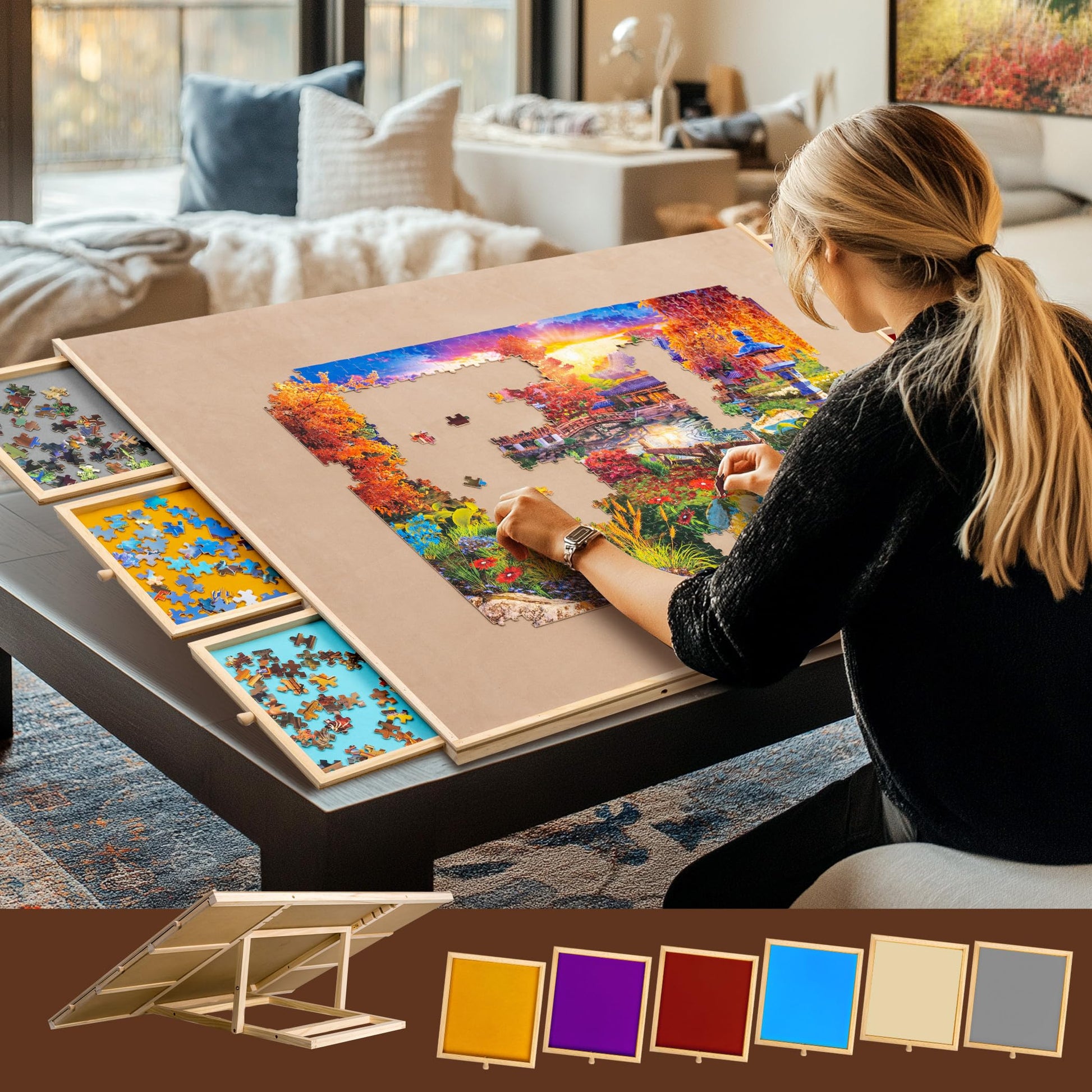 Becko US 2-in-1 Tilting & Rotating Puzzle Board 2000 Pieces, Wooden Jigsaw Puzzle Table with 6 Colorful Drawers & Cover Mat, Adjustable Tables with Storage for Adults, with Premium Flannel Ta - WoodArtSupply