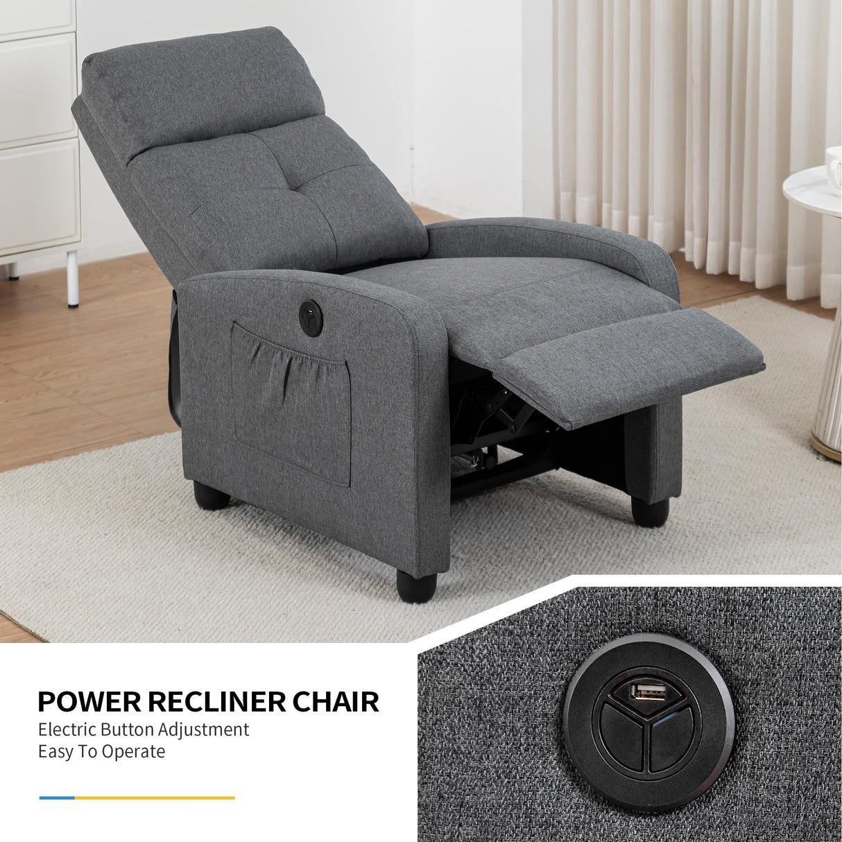 Sftaiyou Power Massage Recliner Chair, Fabric Recliner Chair for Adults, Small Recliner Home Theater Seating with Lumbar Support, Reclining Sofa Chair for Living Room Bedroom(Smoky Grey) Sftaiyou