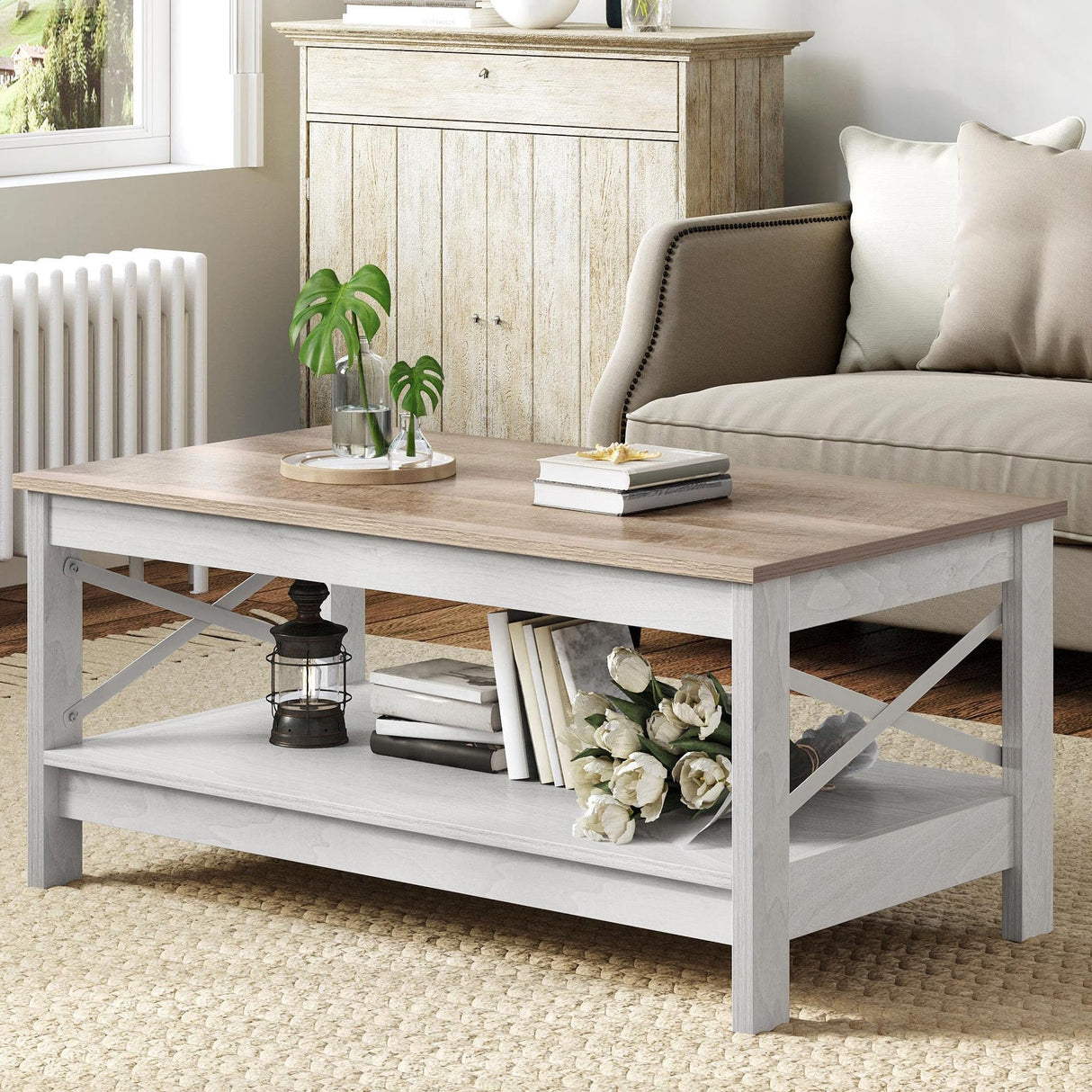 YITAHOME Coffee Tables for Living Room, Modern Farmhouse Coffee Table with Storage, 2-Tier Center Table Wood Living Room Table Accent Cocktail with Sturdy Frame, Grey Wash YITAHOME