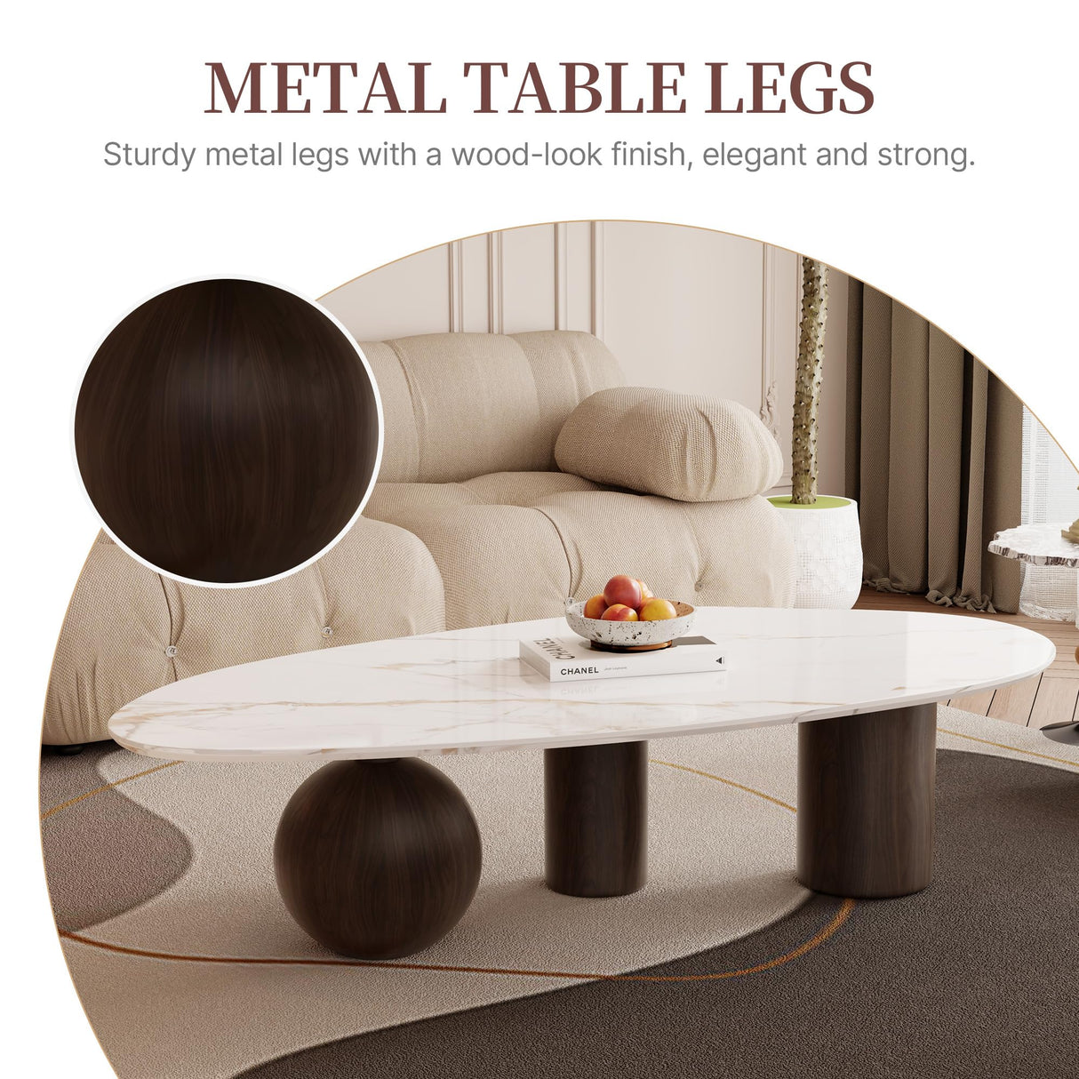 Modern Oval Coffee Table for Living Room, 54.33" Sintered Stone Cloud Coffee Tabletop with 3 Metal Legs, Minimalist Living Room Table Tea Table Center Table for Home Office FHKJ