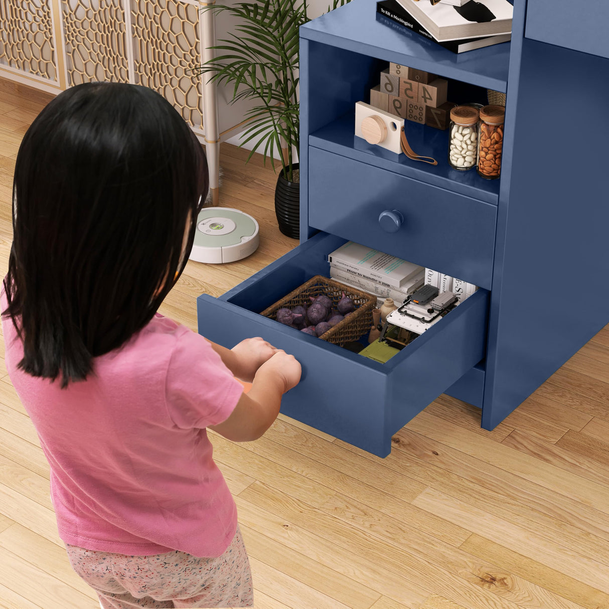 RUPOLX Blue Kids Desk and Chair Set for 5-12 Year Old, Childrens Computer Desk with 4 Drawers, Kids Study Table with Storage Shelf-4Og-40 RUPOLX