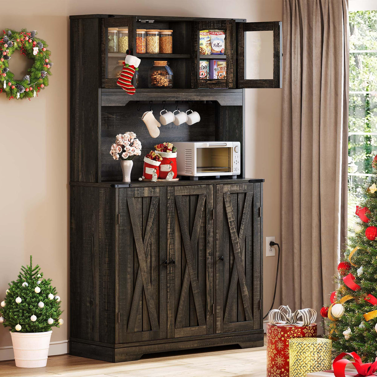 DWVO 71" Tall Kitchen Pantry Storage Cabinet with Charging Station, Kitchen Hutch Cabinet with Storage Drawers, Farmhouse Freestanding Cupboard Cabinet for Dining Room,Dark Rustic Oak DWVO