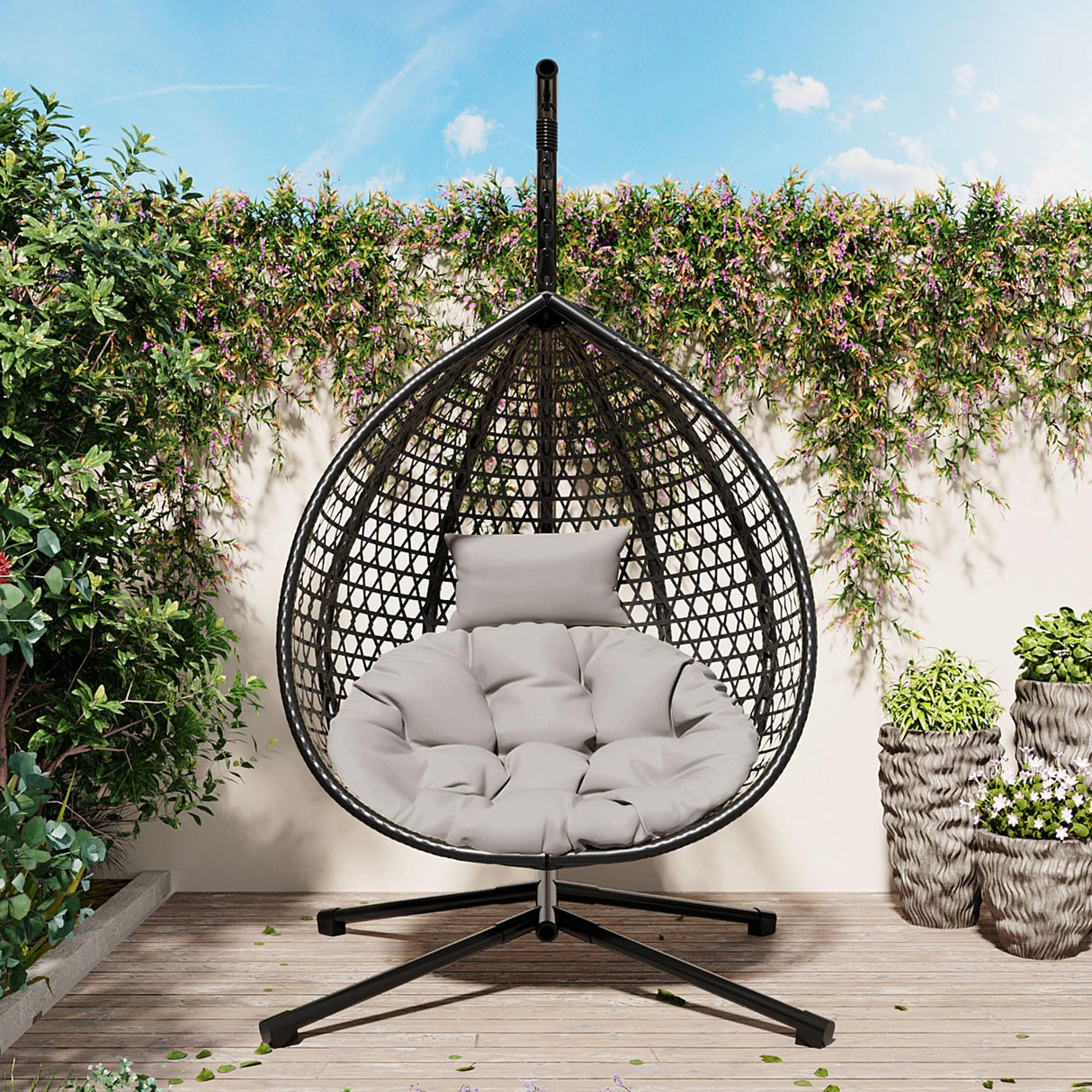 Hanging Egg Chair with Stand, Patio Rattan Wicker Patio Basket Hanging Chair, Garden Rattan Swing Hammock Chairs for Outside Balcony, Porch, Poolside, Indoor Outdoor, 330lbs Capacity, Black+ Grey FAROUCHE