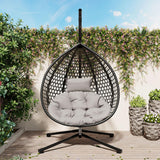 Hanging Egg Chair with Stand, Patio Rattan Wicker Patio Basket Hanging Chair, Garden Rattan Swing Hammock Chairs for Outside Balcony, Porch, Poolside, Indoor Outdoor, 330lbs Capacity, Black+ Grey FAROUCHE