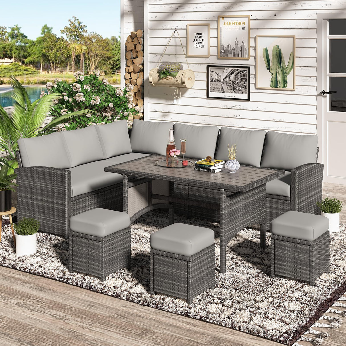 U-MAX 7 Pieces Patio Furniture Set, Outdoor Sectional Sofa Conversation Set, All Weather Wicker Rattan Dining Table & Chair with Ottoman, Grey Rattan&Grey Cushion U-MAX