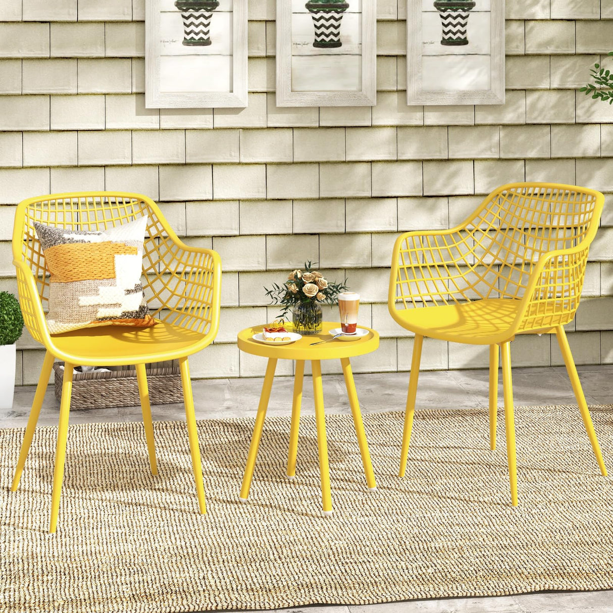 Tangkula 3 Piece Patio Bistro Set, All Weather Heavy Duty Table and Chairs Set of 2 with Widen Seats, Outdoor Furniture Set for Porch, Balcony, Backyard (Yellow) Tangkula