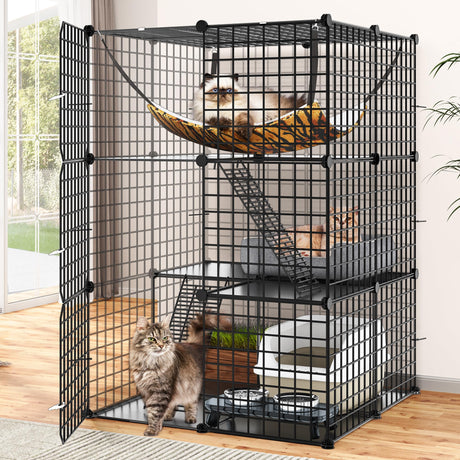 YITAHOME Metal Cat Cage Indoor: 3-Tiers DIY Kitten Enclosures Playpen Catio Kennels Pet Crate with Extra Large Hammock for Small Animals (Black) YITAHOME