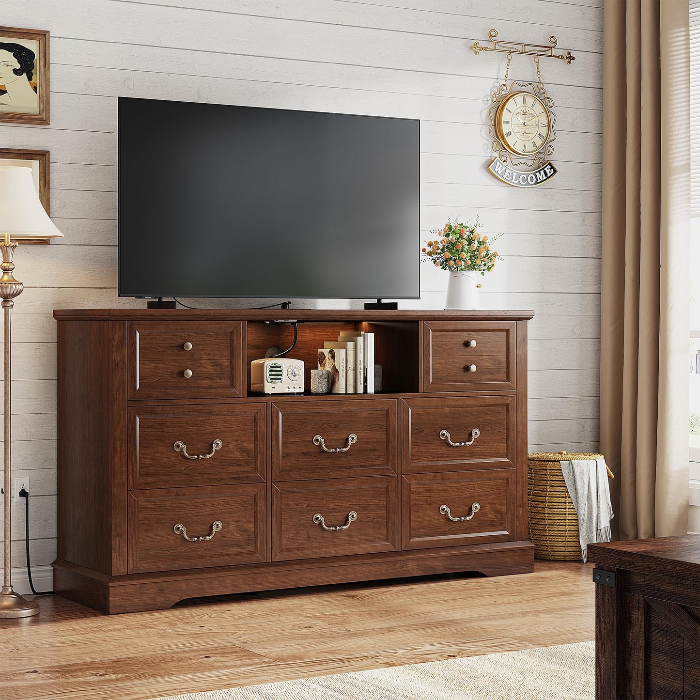 EnHomee 8 Drawers Dresser with Power Outlets and LED Lights, 55 Inch Wide Rustic Wood Dressers & Chest of Drawers for Bedroom, Hallway, Closet, Brown, 55" W x 34.5" H x 15.7" D