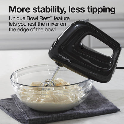 Proctor Silex Easy Mix 5-Speed Electric Hand Mixer with Bowl Rest, Compact and Lightweight, 100 Watts of Peak Power, Black (62511)