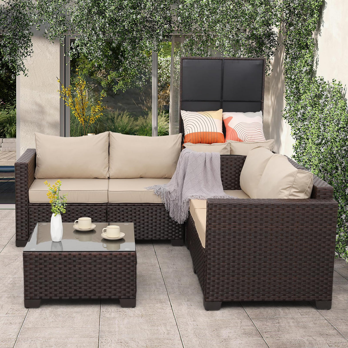 WAROOM Outdoor Patio Furniture Set 4 Piece Brown Rattan Sectional Sofa Couch PE Wicker Conversation Sets with Storage Box Glass Top Table and Non-Slip Khaki Cushion WAROOM