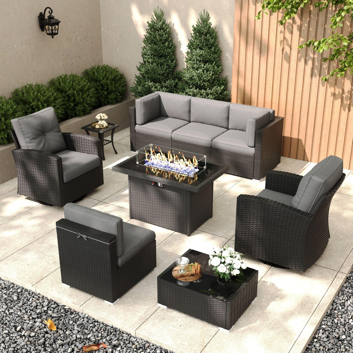 KHOLH Patio Furniture Set with Fire Pit Table, 9 Pieces Outdoor All-Weather Wicker Conversation Sectional Chair Sofa Set with 2 Swivel Chairs KHOLH