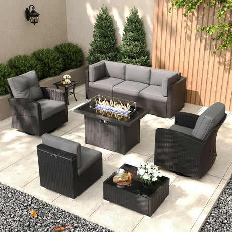 KHOLH Patio Furniture Set with Fire Pit Table, 9 Pieces Outdoor All-Weather Wicker Conversation Sectional Chair Sofa Set with 2 Swivel Chairs KHOLH