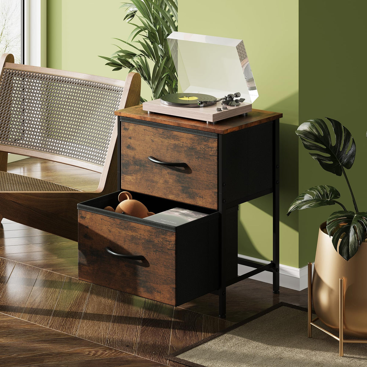 WLIVE Nightstand Set of 2, 2 Drawer Dresser for Bedroom, Small Dresser with 2 Drawers, Bedside Furniture, Night Stand, End Table for Bedroom, College Dorm, Rustic Brown Wood Grain Print WLIVE