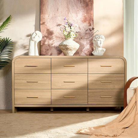 EliteSet Curved 9-Drawer Dresser for Bedroom, 63" Wide Modern Chest of Drawers, Vanity Desk TV Stand for Living Room, Closet Storage Drawers Organizer Furniture, Nursery, Hallway, Oak EliteSet