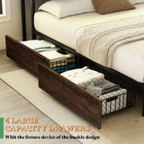 AMERLIFE King Size Bed Frame with Bookcase Headboard, 4 Storage Drawers, Wooden Platform Bed with Charging Station & LED Light, No Box Spring Needed, Noise-Free, Rustic Brown AMERLIFE